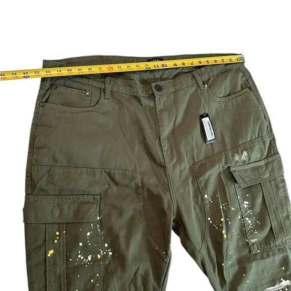 Boohoo Man Plus Slim Flare Gusset Paint Splatter Green Cargo Trouser Pants Sz 46 - Picture 10 of 16